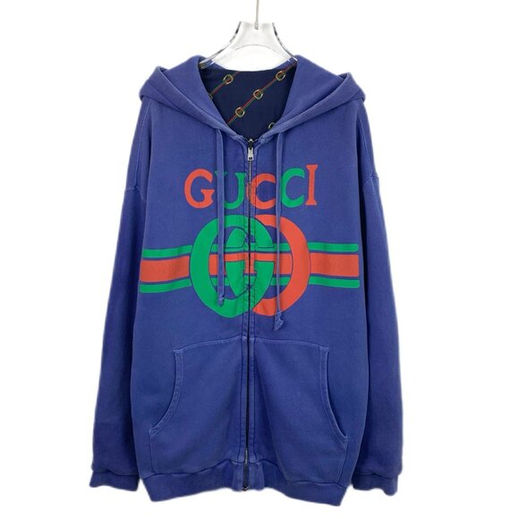 H11955 Gucci Blue logo pattern printed full print double-sided hooded zipper lon